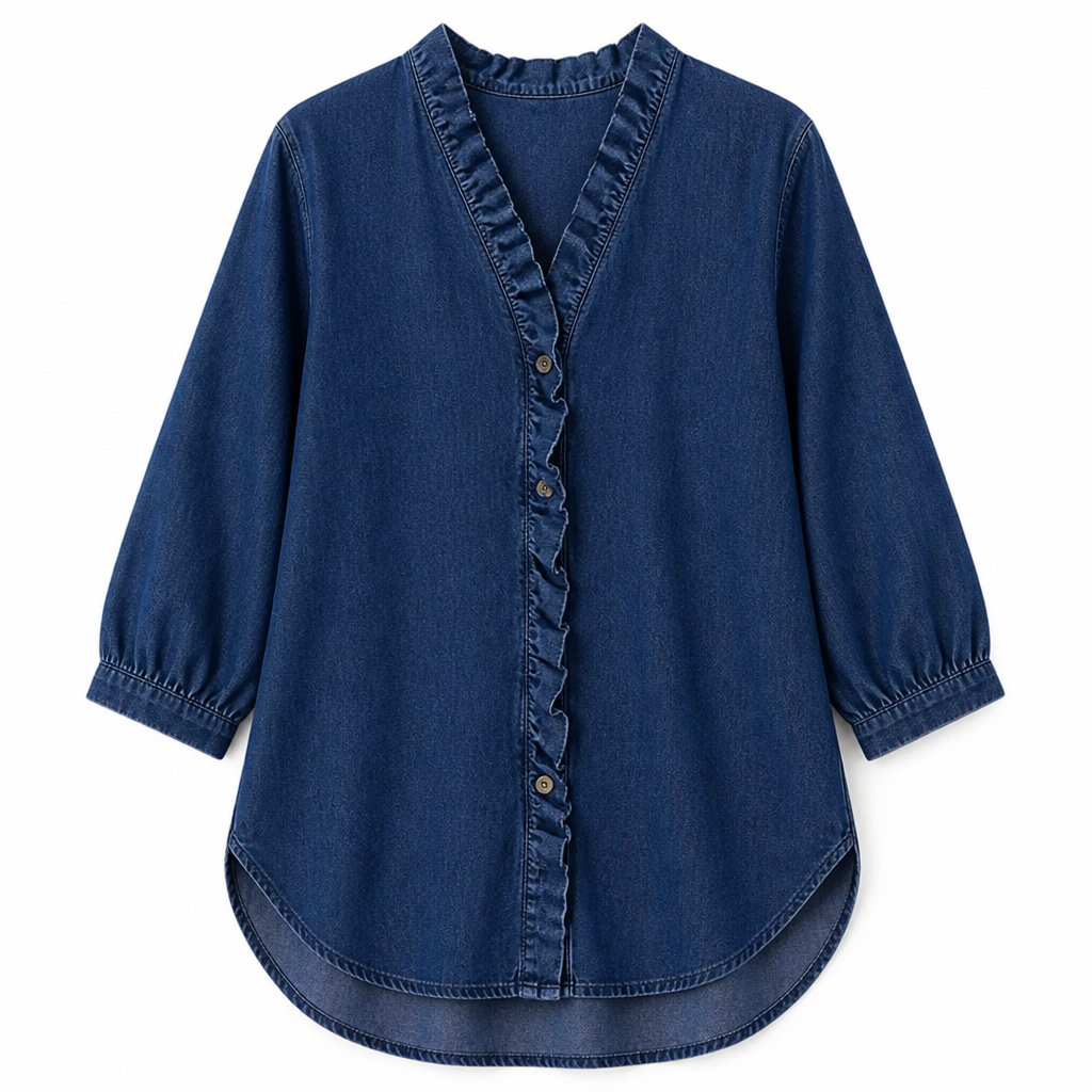 Brielle™ – Soft Chambray Ruffle V-Neck Shirt with High-Low Hem