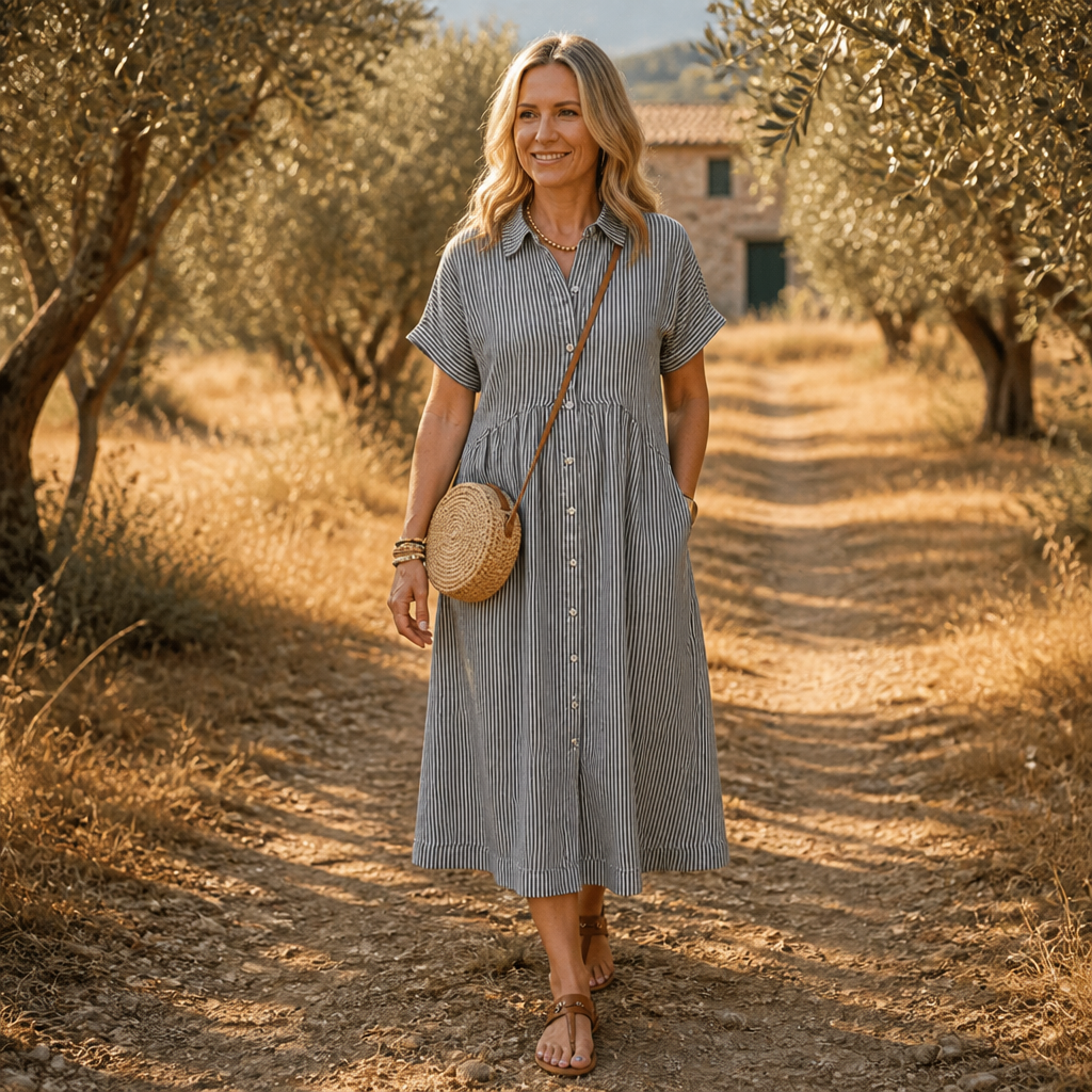 LunaVerve™ – Breezy Striped Button-Front Midi Shirt Dress