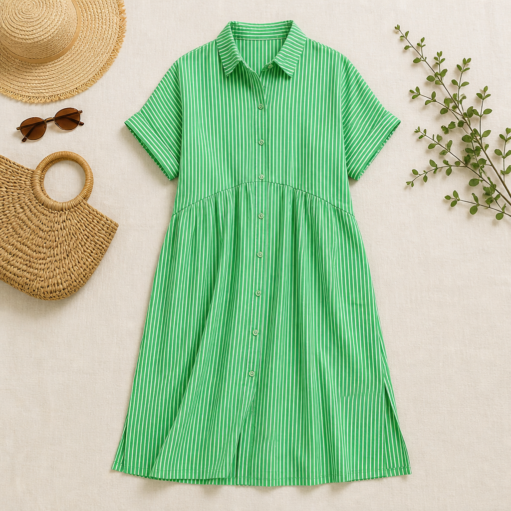 LunaVerve™ – Breezy Striped Button-Front Midi Shirt Dress