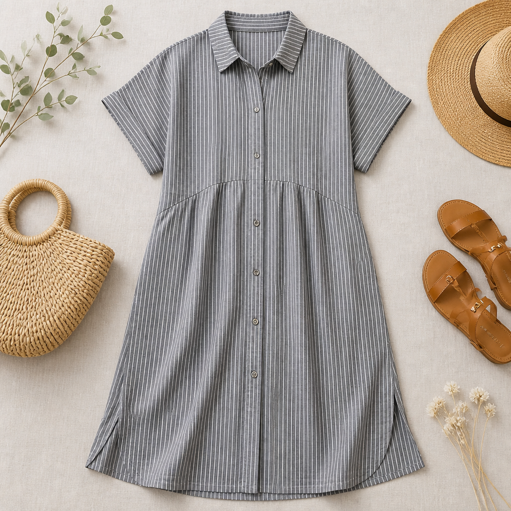 LunaVerve™ – Breezy Striped Button-Front Midi Shirt Dress
