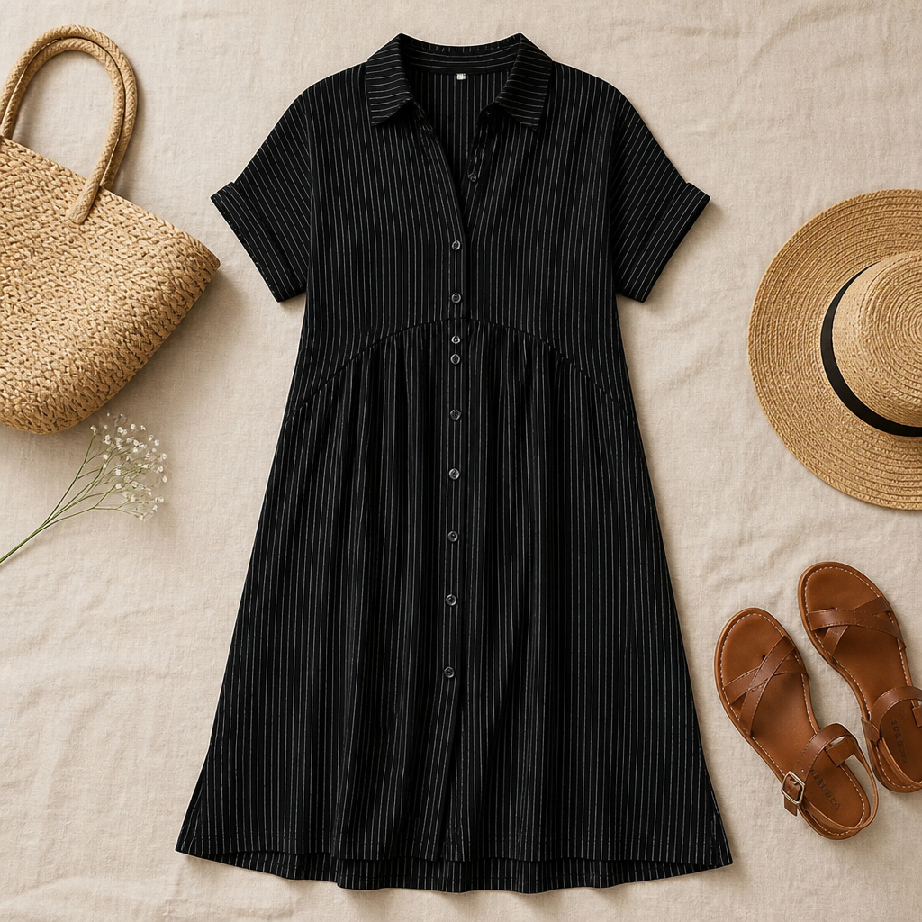 LunaVerve™ – Breezy Striped Button-Front Midi Shirt Dress