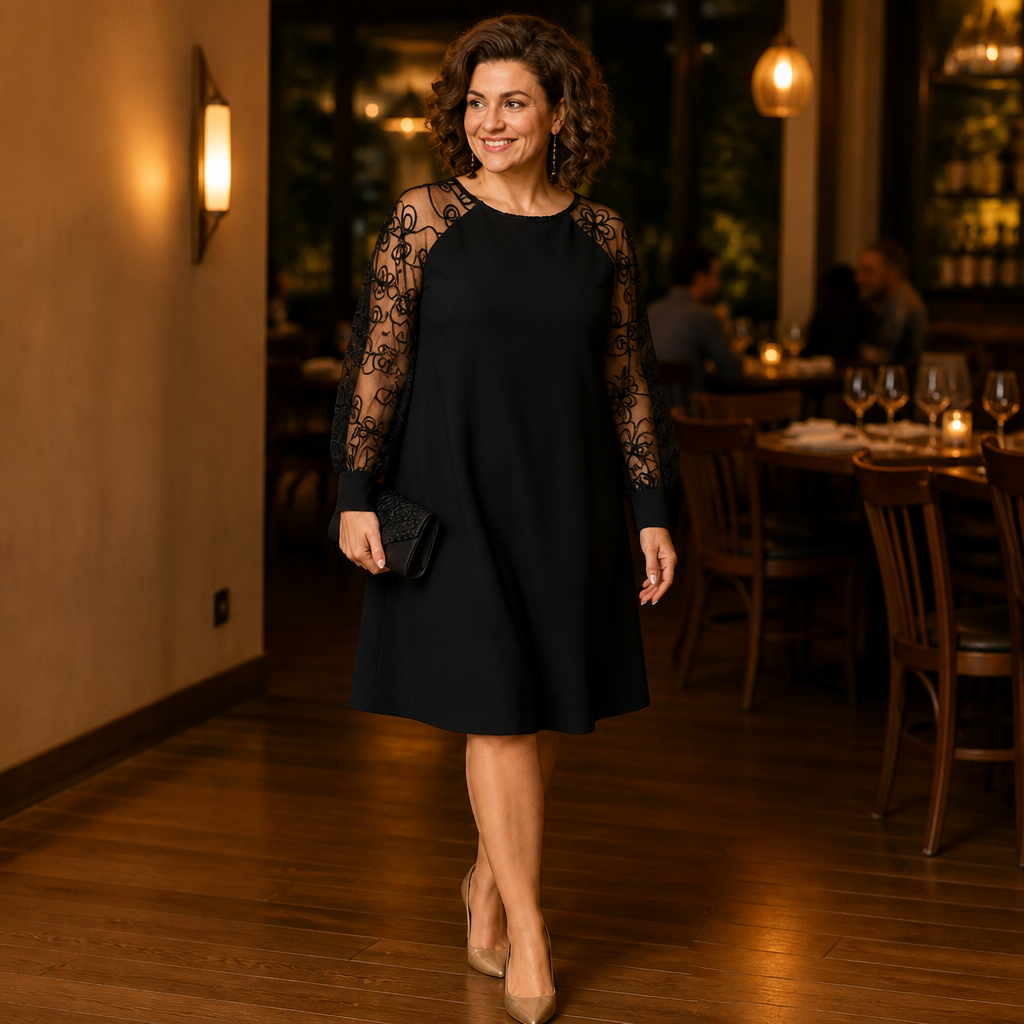 LioraMuse™ – Elegant Floral Lace Sleeve A-Line Dress