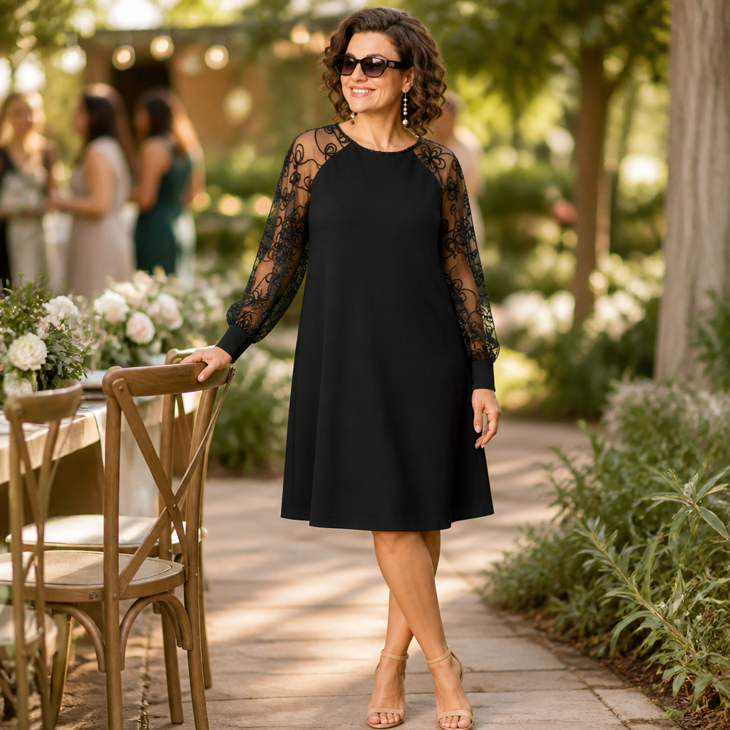 LioraMuse™ – Elegant Floral Lace Sleeve A-Line Dress