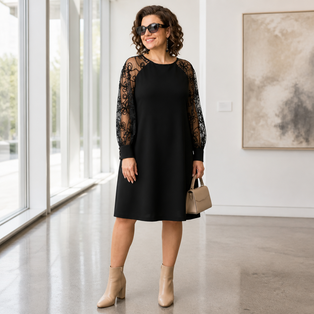 LioraMuse™ – Elegant Floral Lace Sleeve A-Line Dress