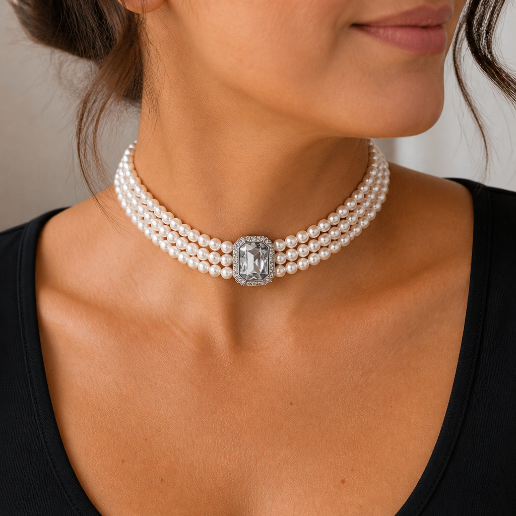 LumaVera™ – Vintage Three-Strand Pearl Choker with Crystal Centerpiece