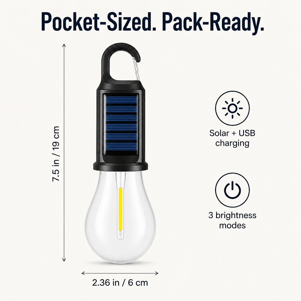 LumaVibe™ — Clip-On Solar Bulb Lights the Whole Tent All Night, No Batteries Needed