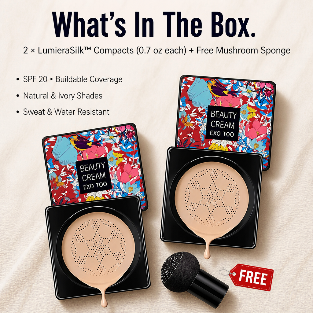 LumieraSilk™ — Cover Pores, Spots & Redness With a Skin-Like Cushion Finish | Free Mushroom Sponge Included