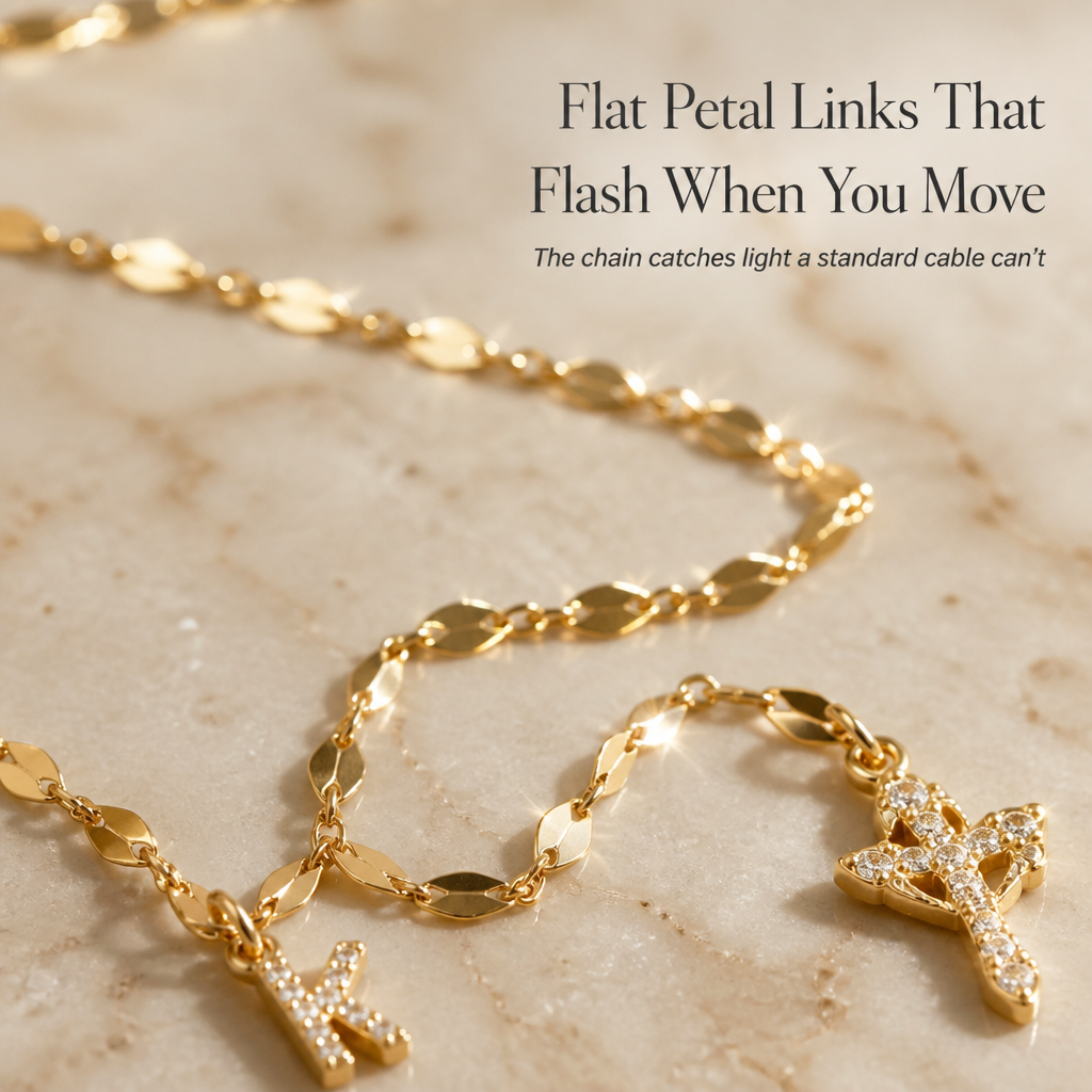 GlowAura™ — Layer Your Initial and Cross on a Light-Catching Gold Petal Chain