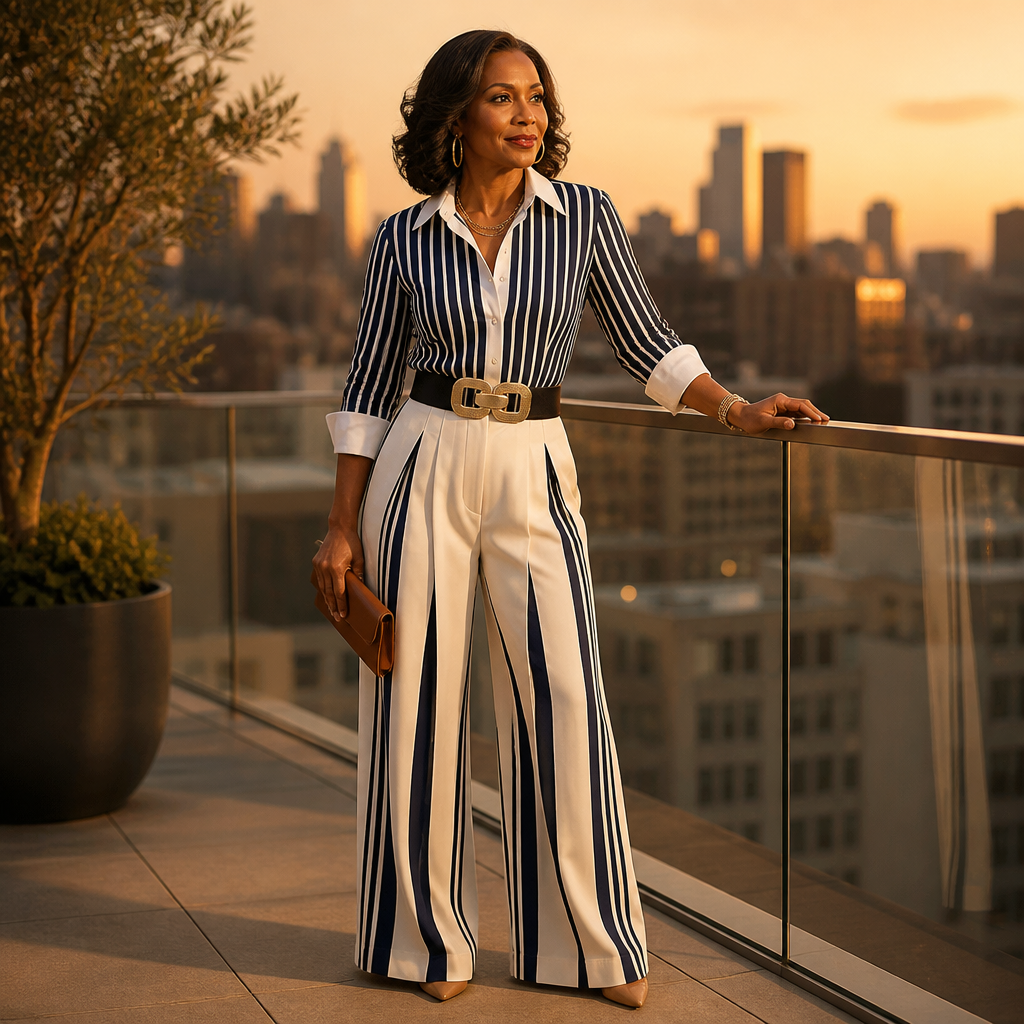 FlexiSilk™ – Chic Striped Shirt and Wide-Leg Trouser Set