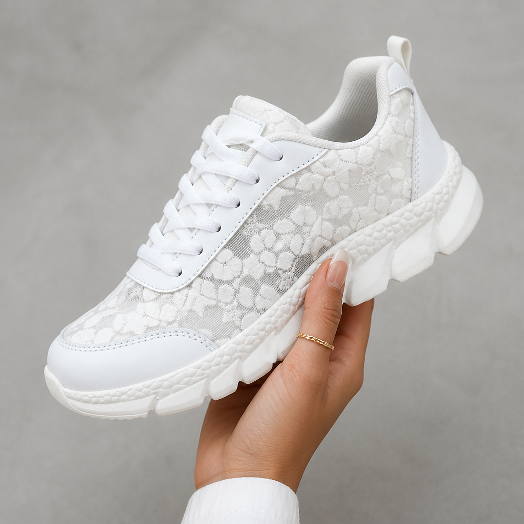 LunaStride™ – Floral Lace Mesh Platform Sneakers in White