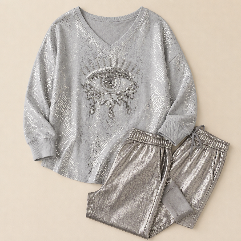 LumaDaze™ – Metallic Shimmer Pant Set with Sequin Evil Eye Top