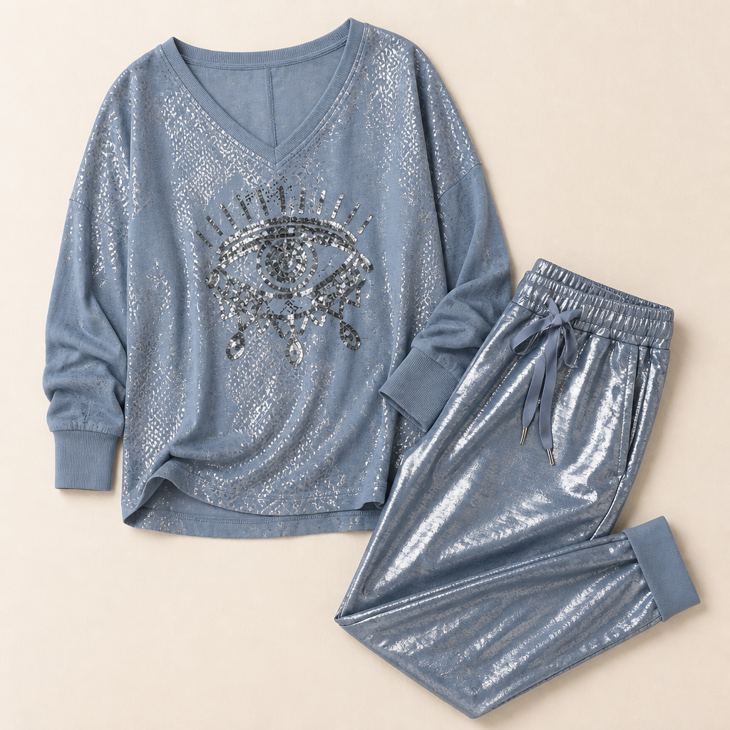 LumaDaze™ – Metallic Shimmer Pant Set with Sequin Evil Eye Top