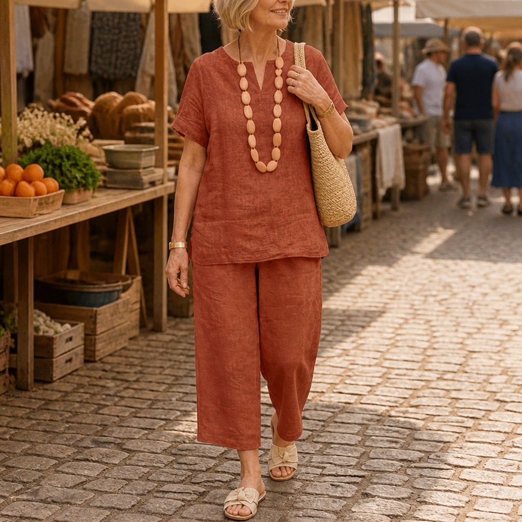 LumoraEase™ – Relaxed Cotton-Linen V-Neck Two-Piece Set