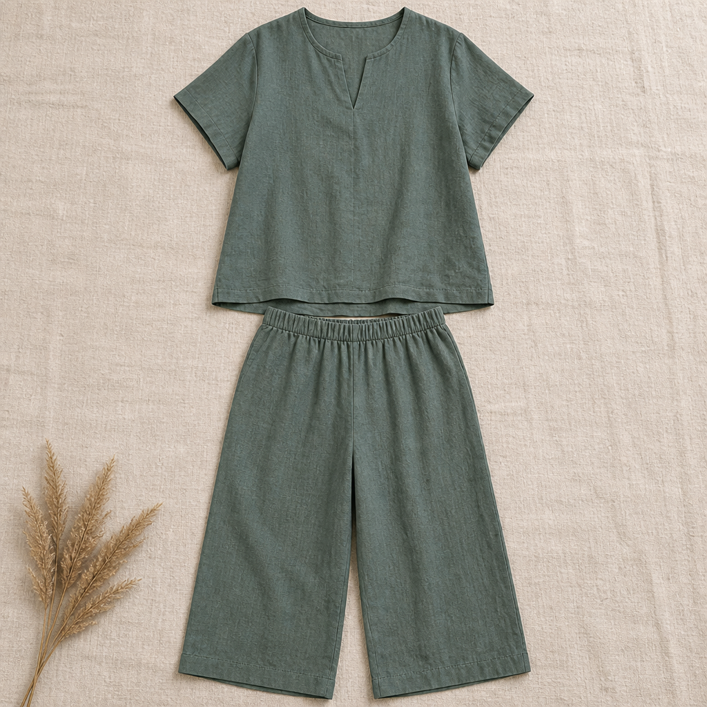 LumoraEase™ – Relaxed Cotton-Linen V-Neck Two-Piece Set