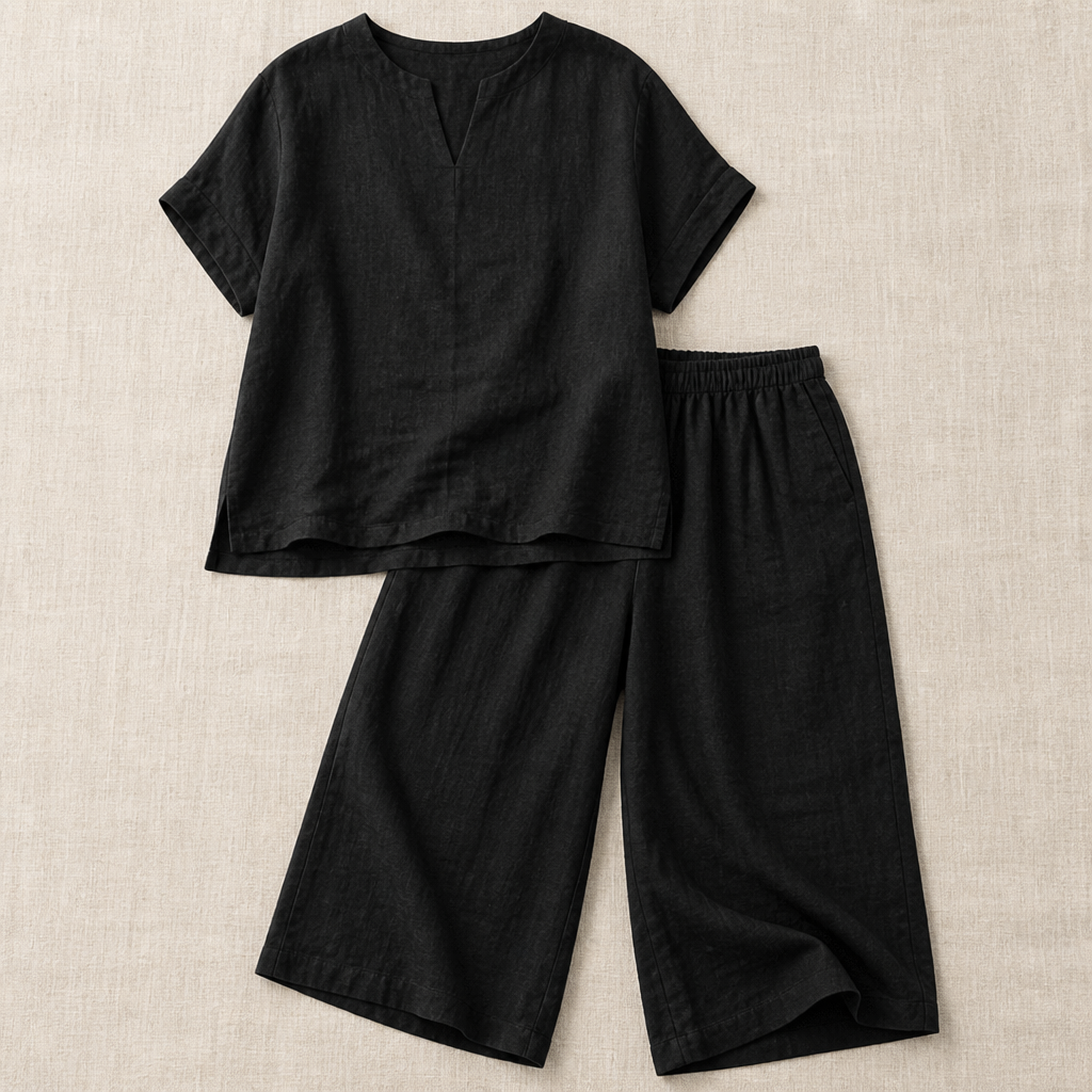 LumoraEase™ – Relaxed Cotton-Linen V-Neck Two-Piece Set