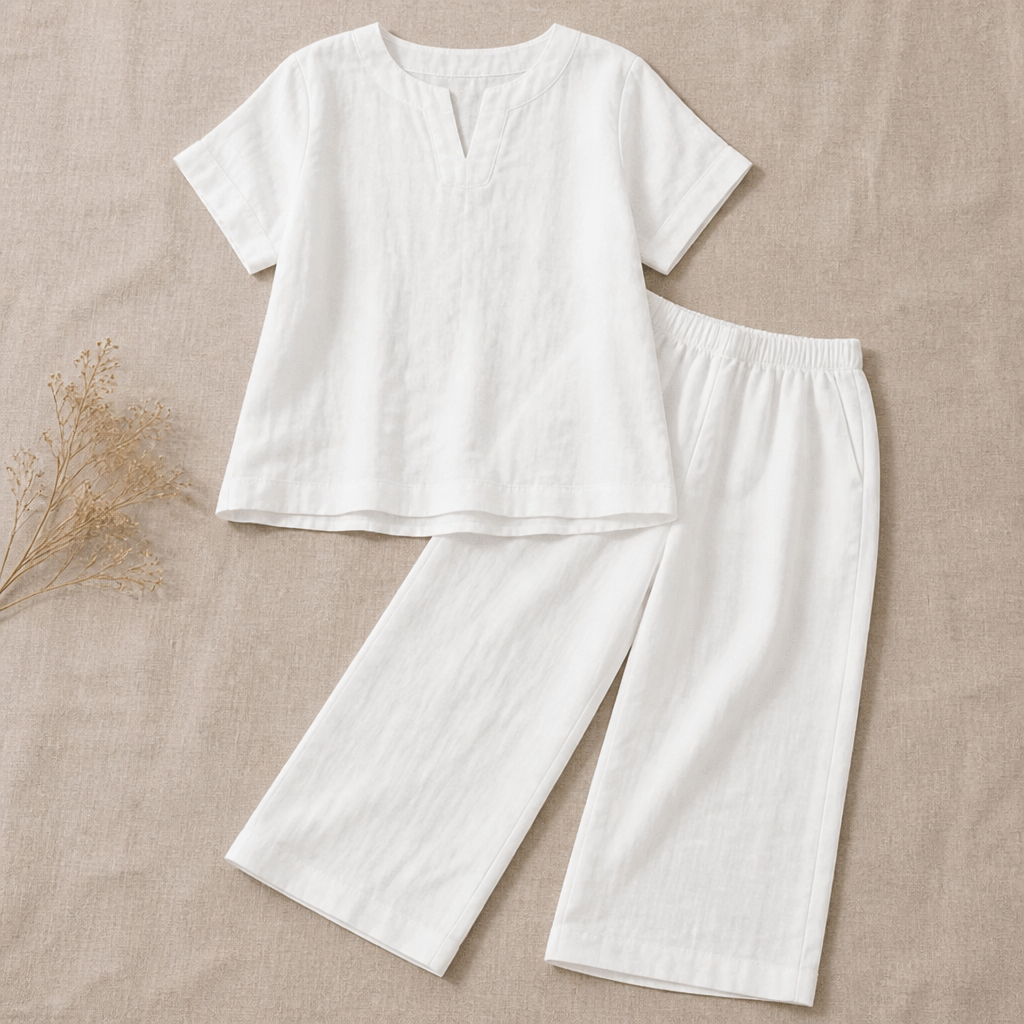 LumoraEase™ – Relaxed Cotton-Linen V-Neck Two-Piece Set