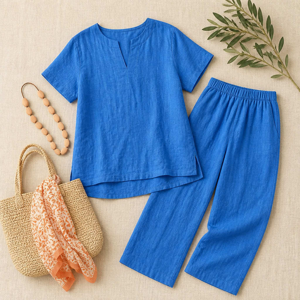 LumoraEase™ – Relaxed Cotton-Linen V-Neck Two-Piece Set