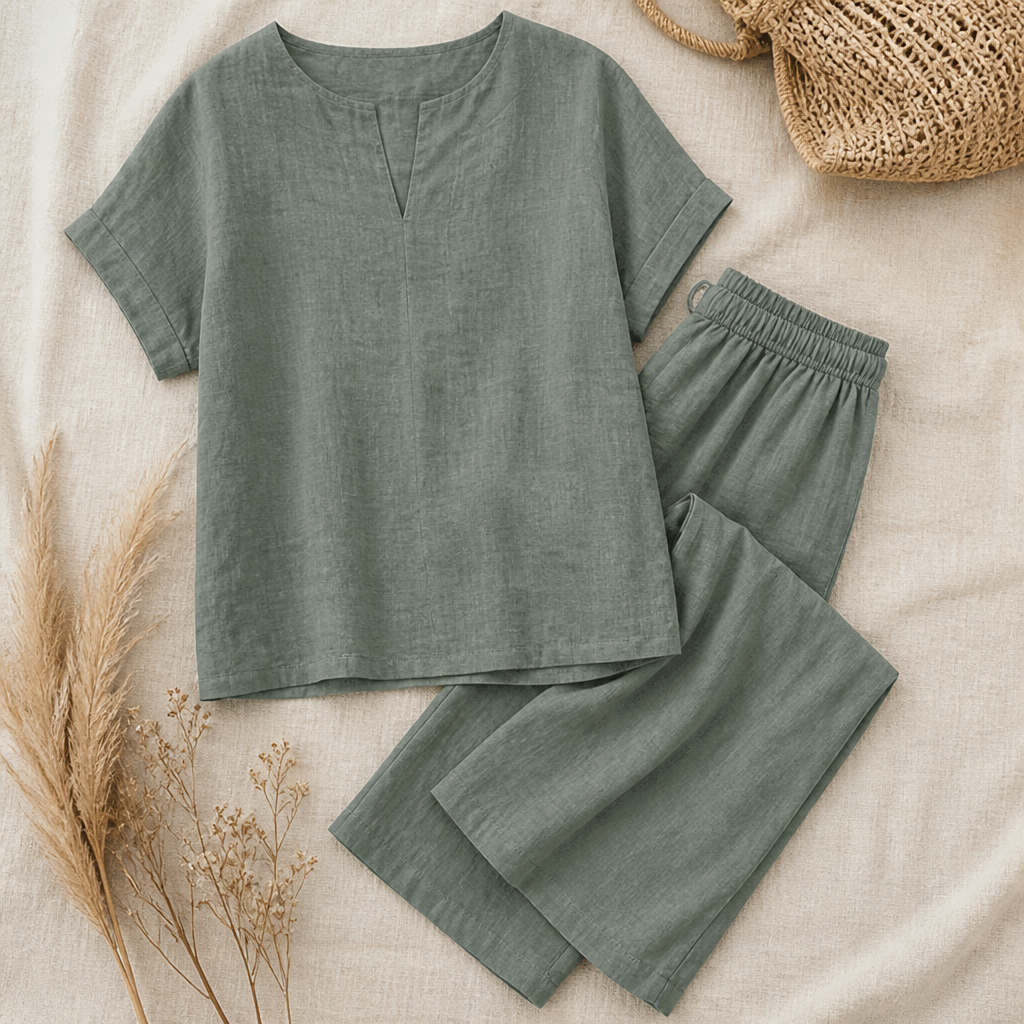 LumoraEase™ – Relaxed Cotton-Linen V-Neck Two-Piece Set