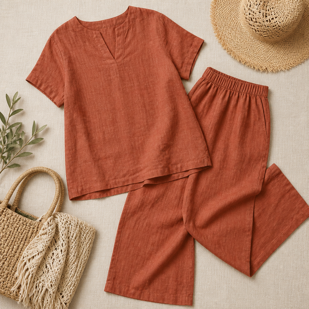 LumoraEase™ – Relaxed Cotton-Linen V-Neck Two-Piece Set