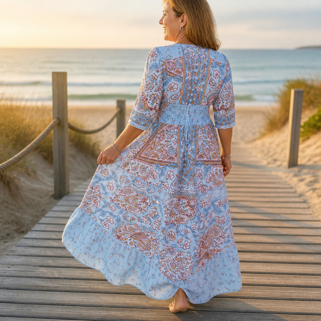 LumeraBelle™ – Flowy Bohemian Paisley Maxi Dress with Smocked Waist
