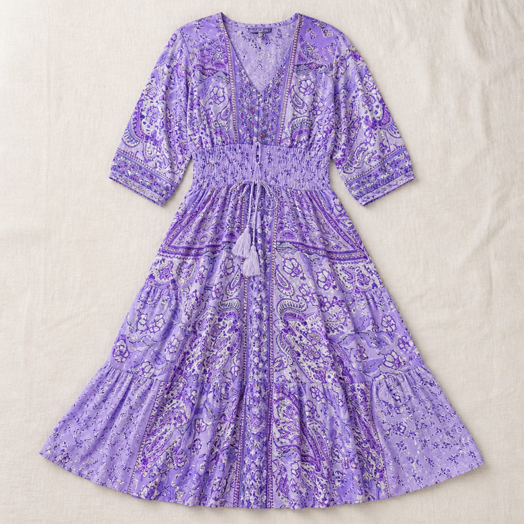 LumeraBelle™ – Flowy Bohemian Paisley Maxi Dress with Smocked Waist