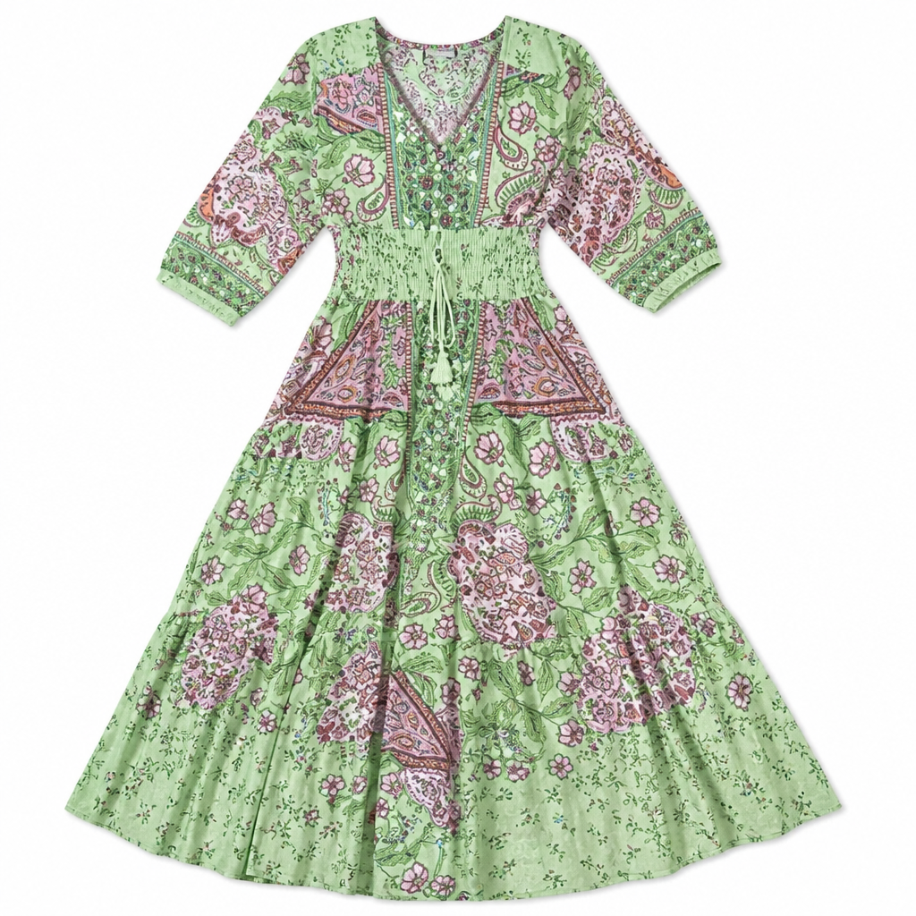 LumeraBelle™ – Flowy Bohemian Paisley Maxi Dress with Smocked Waist