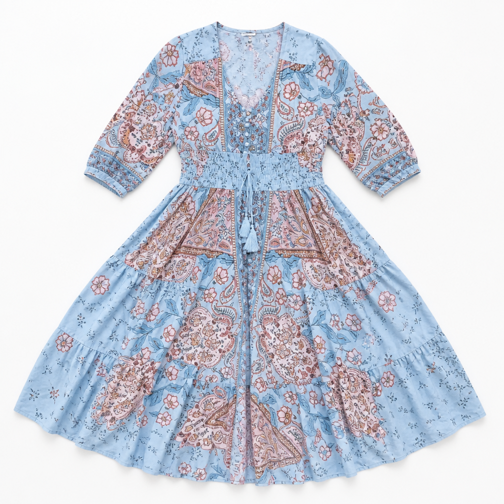 LumeraBelle™ – Flowy Bohemian Paisley Maxi Dress with Smocked Waist