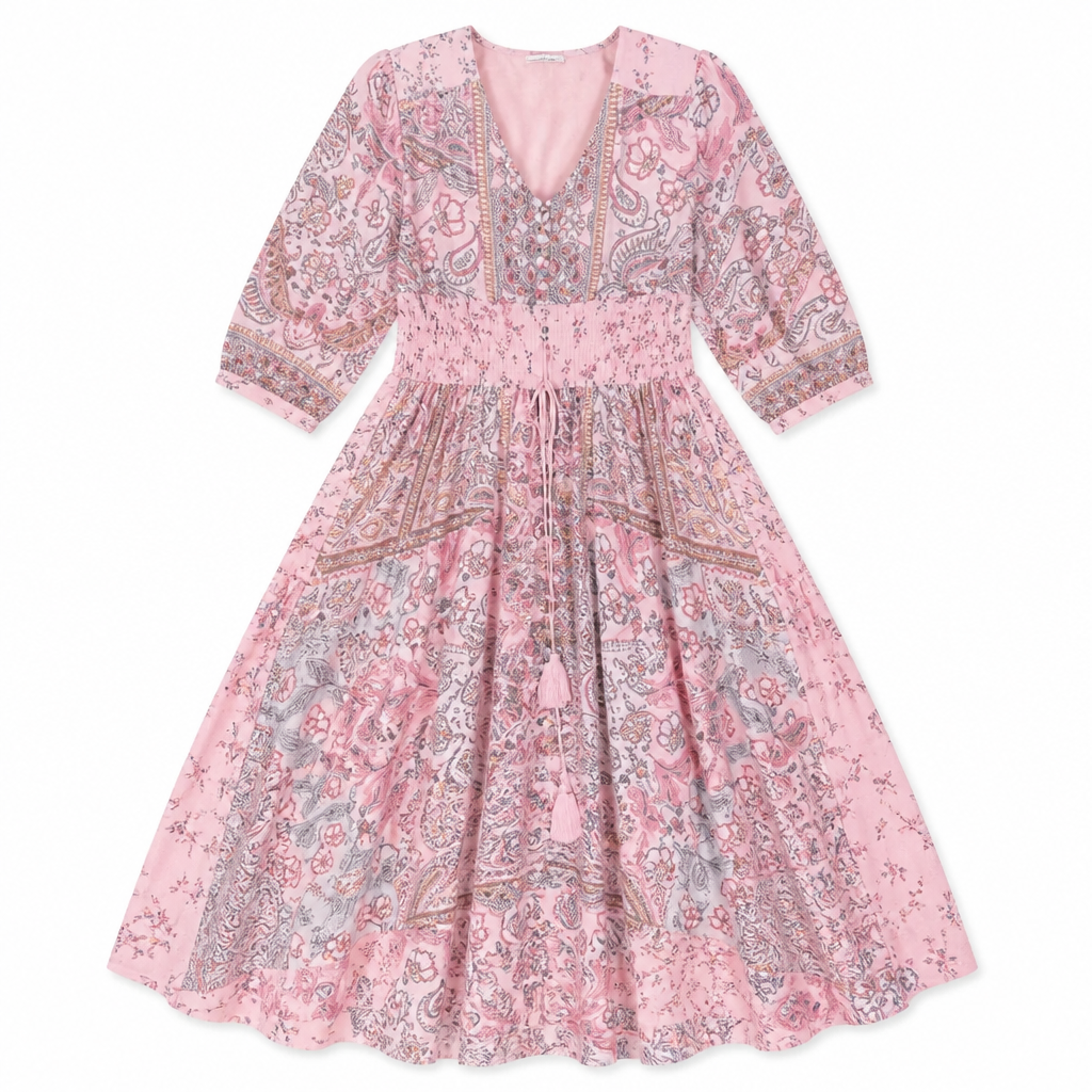LumeraBelle™ – Flowy Bohemian Paisley Maxi Dress with Smocked Waist