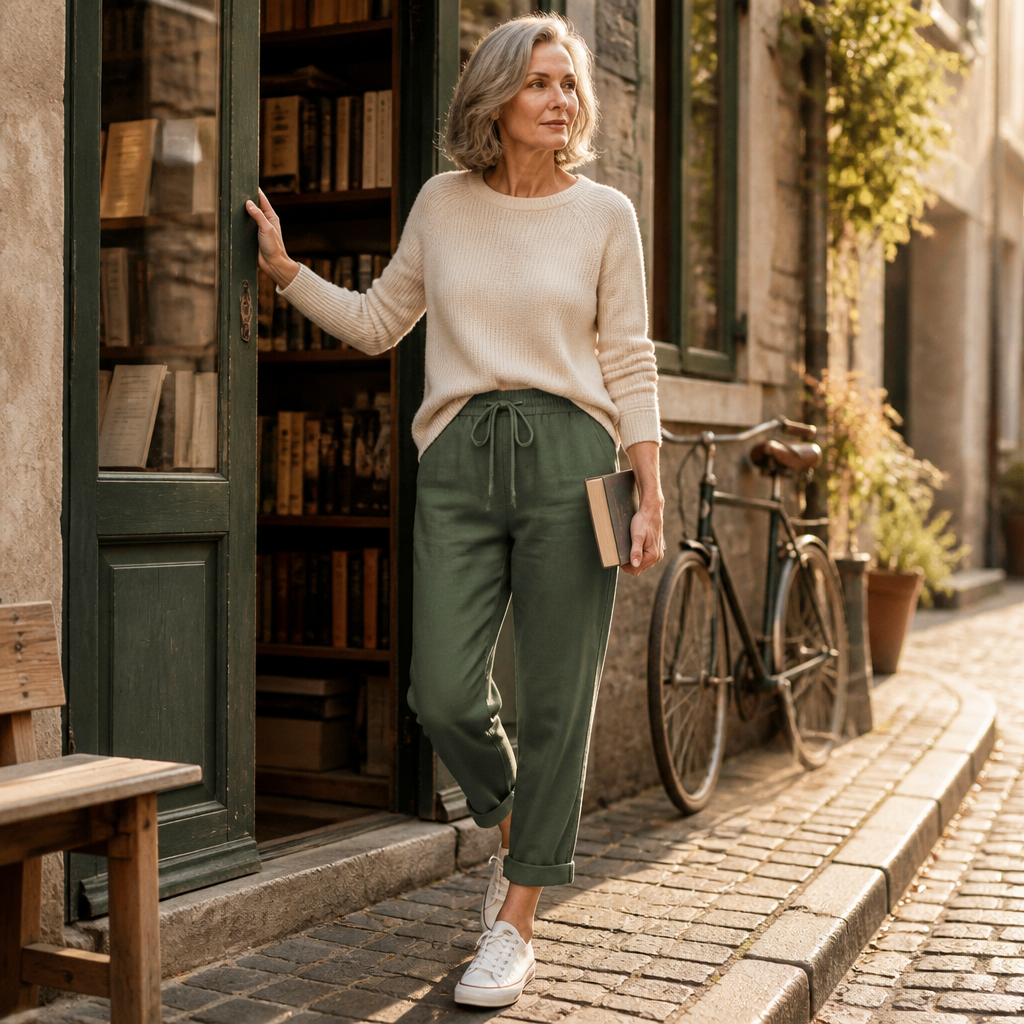 BellaSilk™ – Relaxed Cotton-Linen Tapered Pants with Drawstring Waist