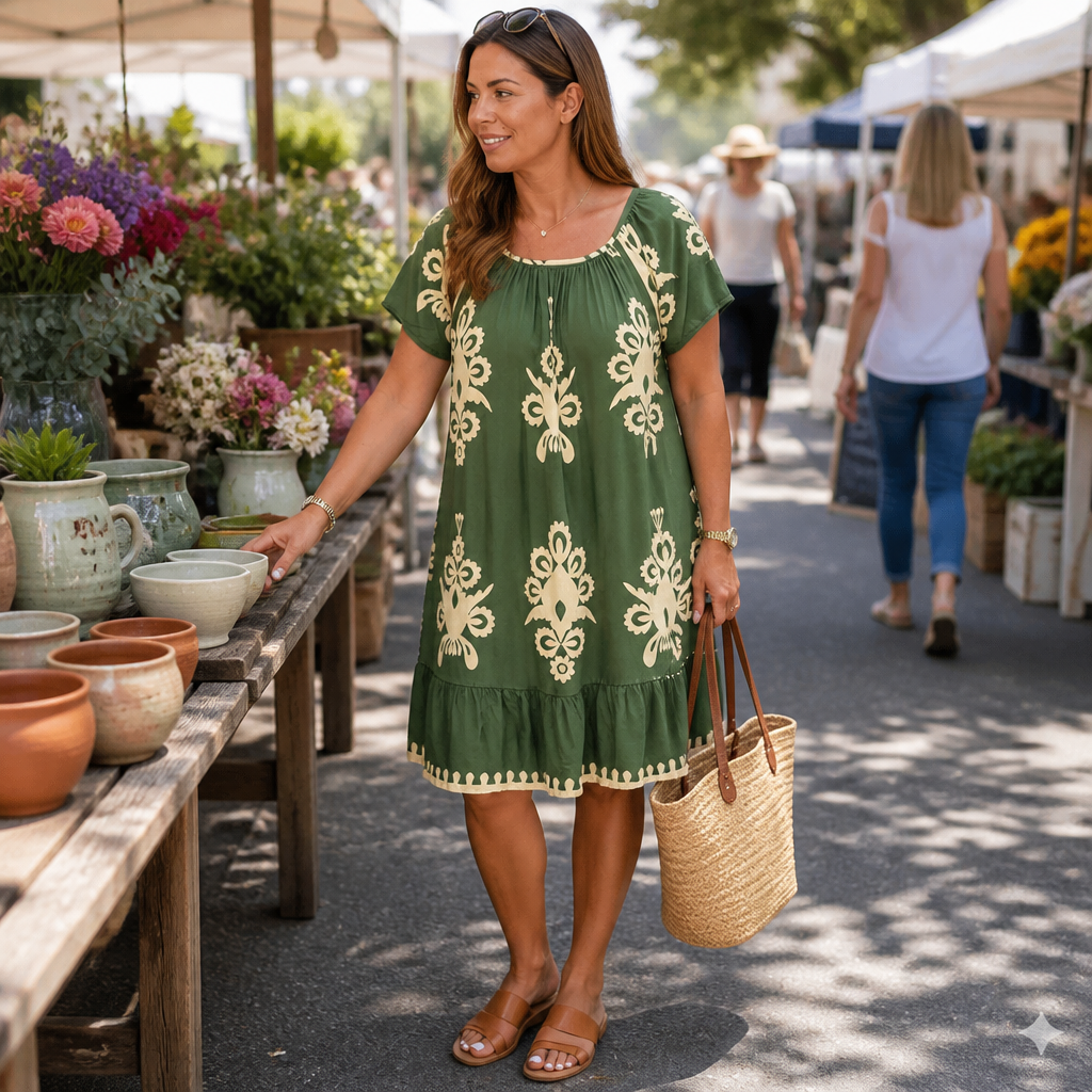 FlexiFit™ – Flowy Boho Print Midi Dress with Tiered Hem