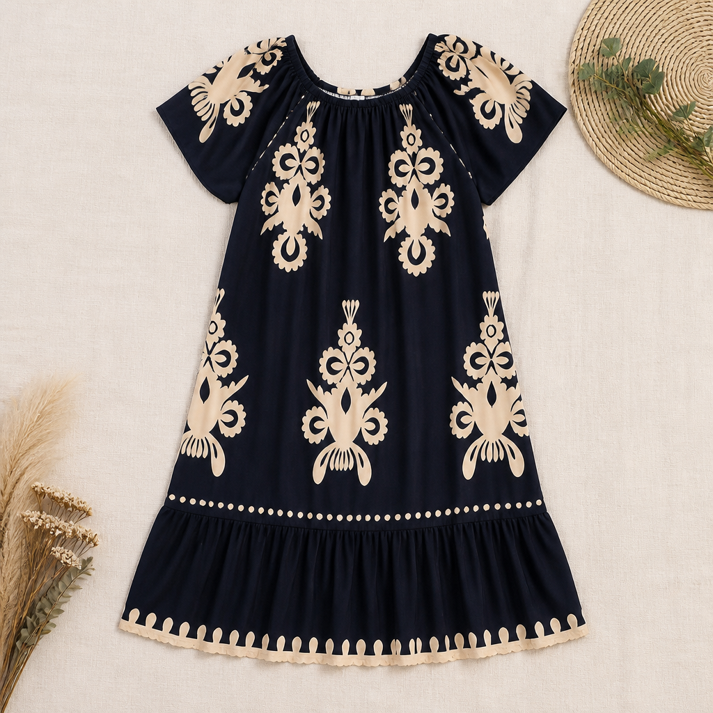 FlexiFit™ – Flowy Boho Print Midi Dress with Tiered Hem