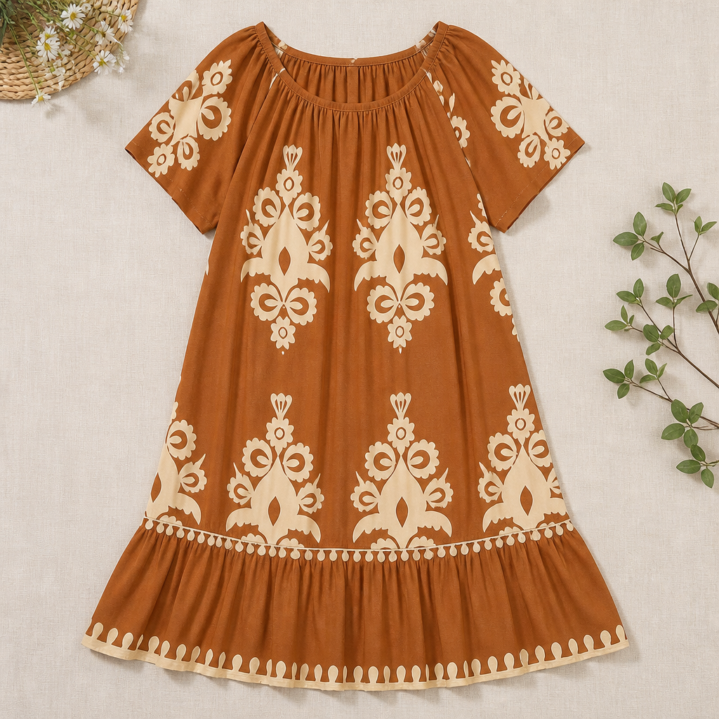 FlexiFit™ – Flowy Boho Print Midi Dress with Tiered Hem