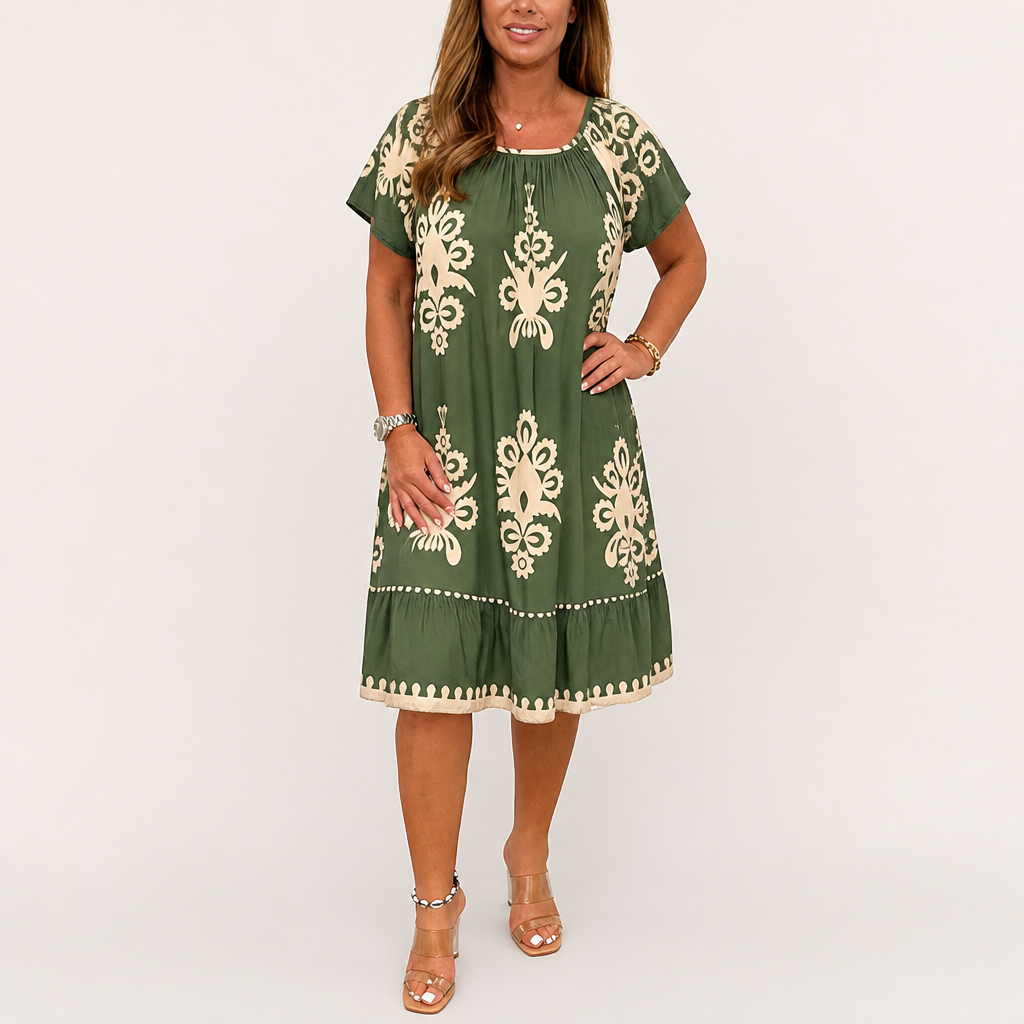 FlexiFit™ – Flowy Boho Print Midi Dress with Tiered Hem