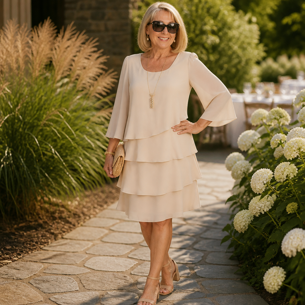 LumaBella™ – Elegant Tiered Chiffon Dress with Flowy Bell Sleeves