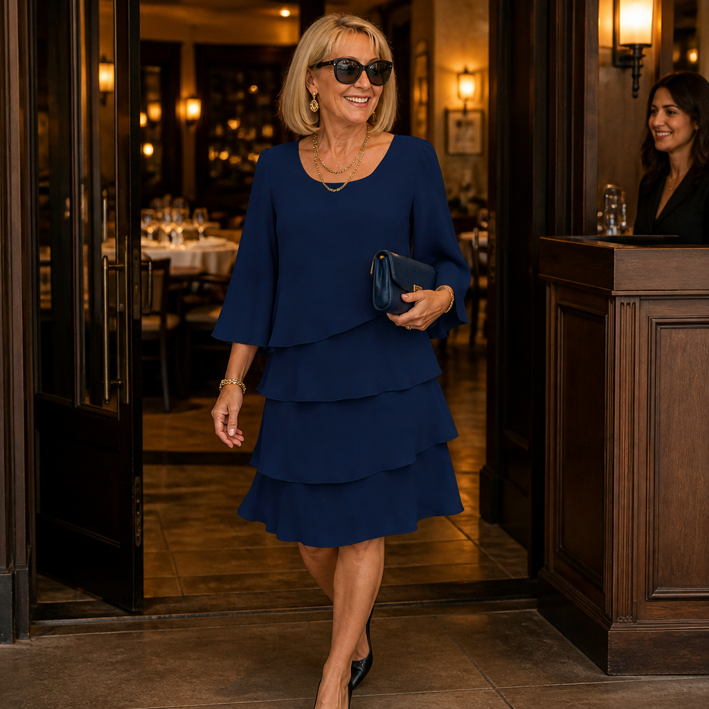 LumaBella™ – Elegant Tiered Chiffon Dress with Flowy Bell Sleeves