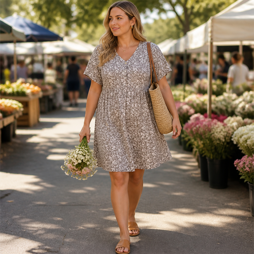 LuminaEase™ – Relaxed V-Neck Button-Front Day Dress
