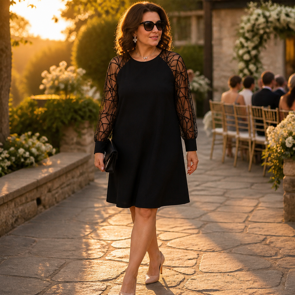 LumaraMist™ – Elegant Mesh Sleeve A-Line Tunic Dress