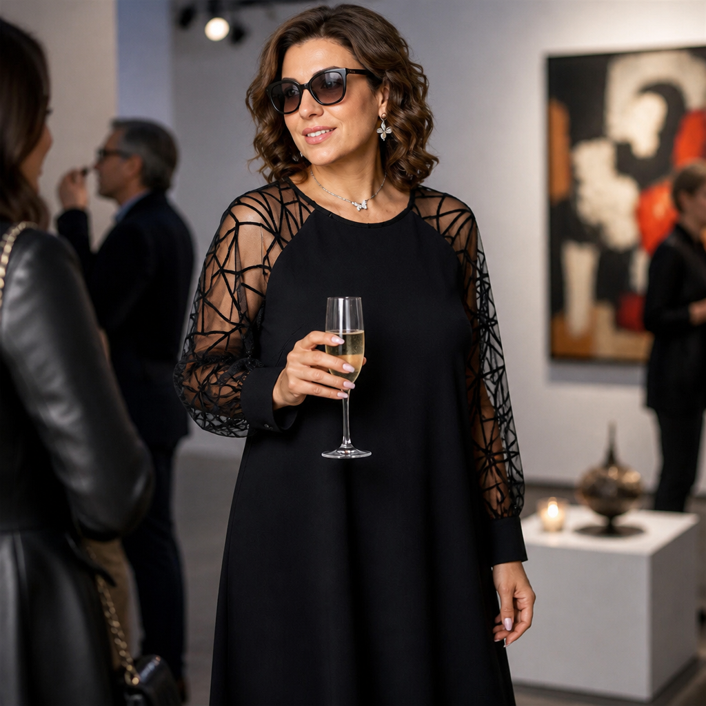 LumaraMist™ – Elegant Mesh Sleeve A-Line Tunic Dress