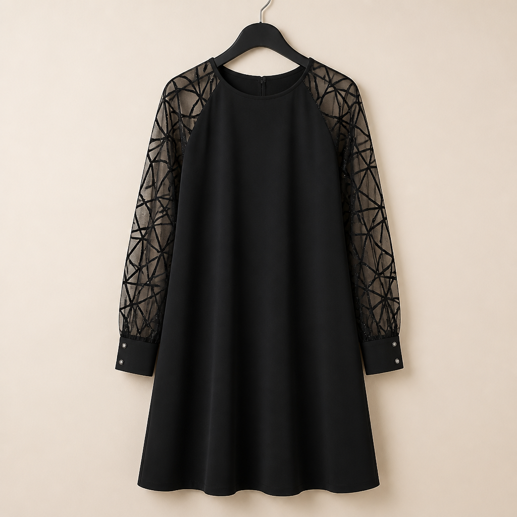 LumaraMist™ – Elegant Mesh Sleeve A-Line Tunic Dress
