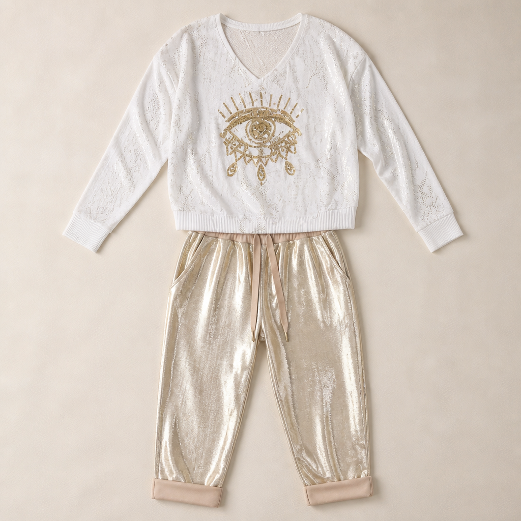 LumaPulse™ – Sequined Eye Top with Metallic Drawstring Pant Set