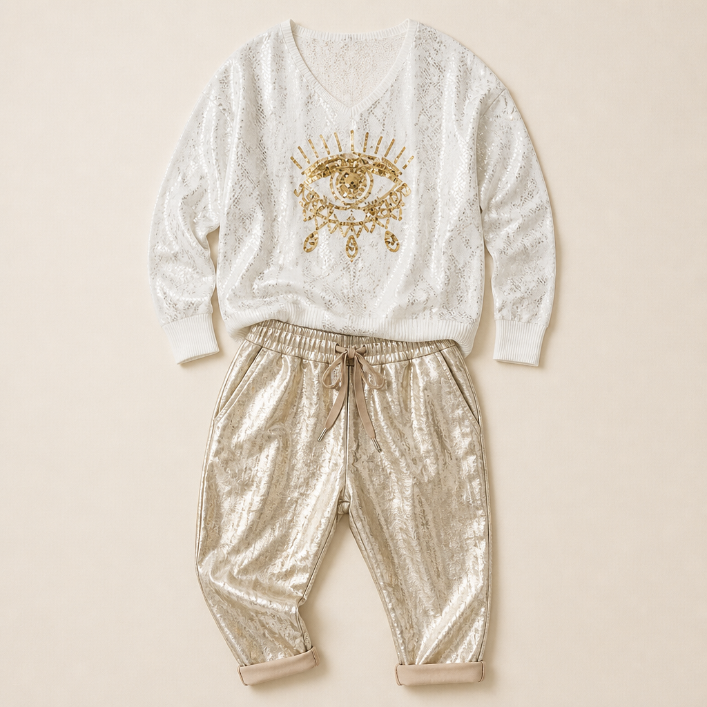 LumaPulse™ – Sequined Eye Top with Metallic Drawstring Pant Set