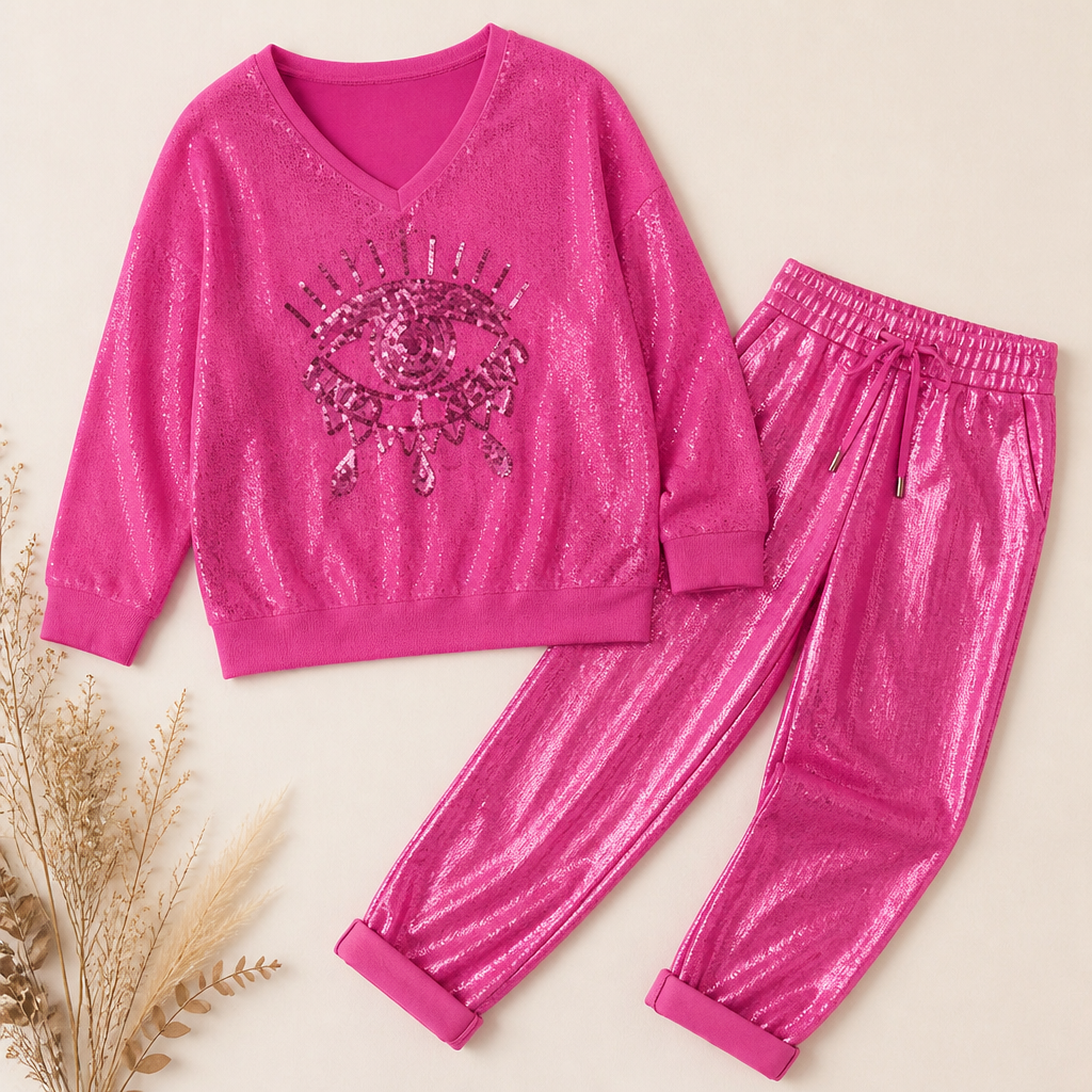 LumaPulse™ – Sequined Eye Top with Metallic Drawstring Pant Set