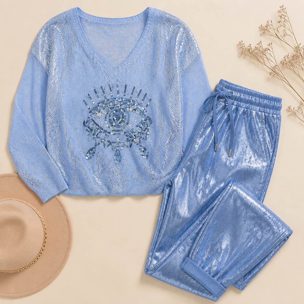 LumaPulse™ – Sequined Eye Top with Metallic Drawstring Pant Set