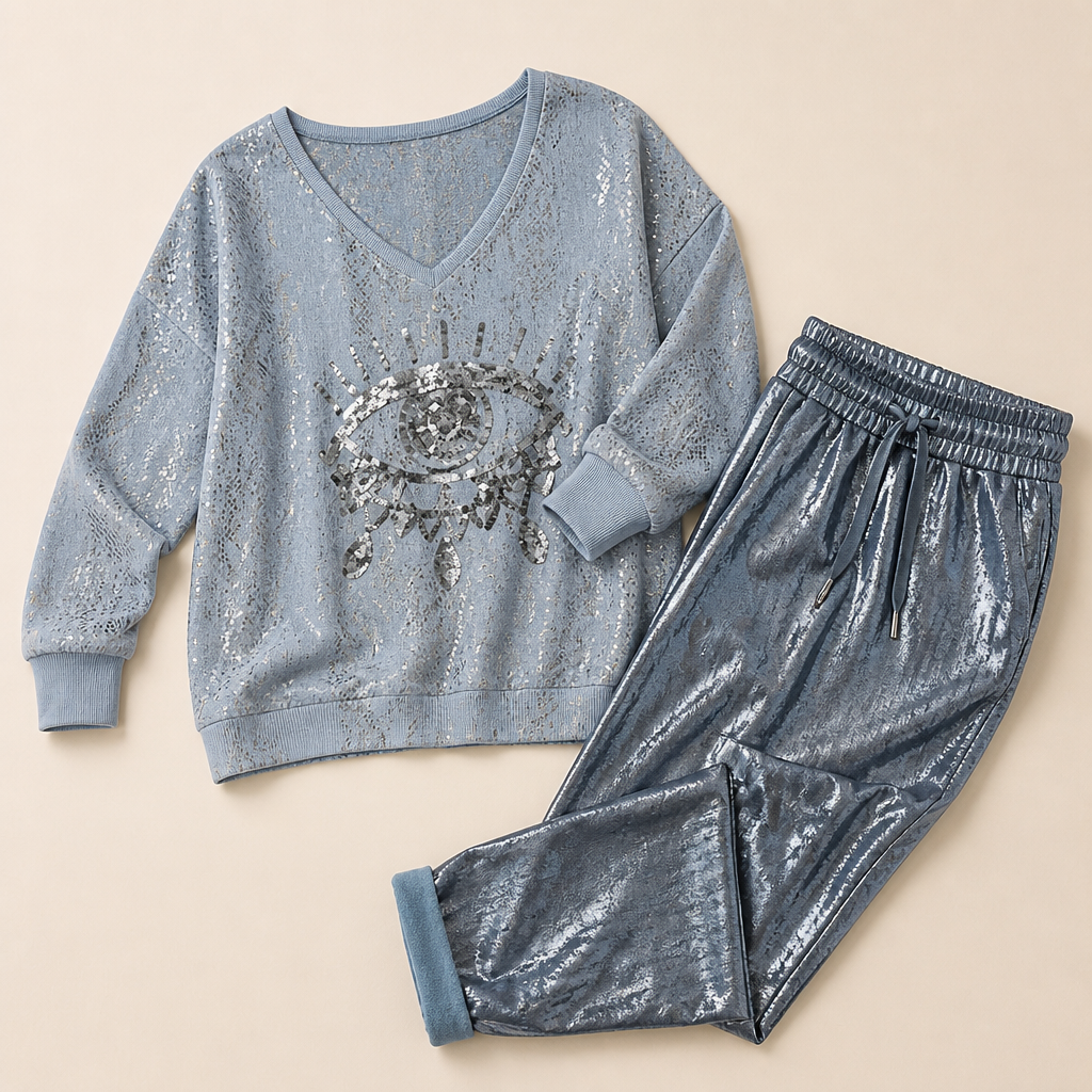 LumaPulse™ – Sequined Eye Top with Metallic Drawstring Pant Set