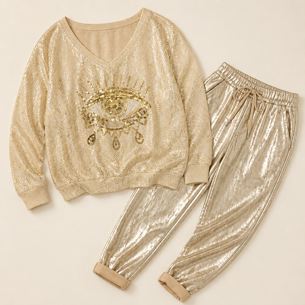 LumaPulse™ – Sequined Eye Top with Metallic Drawstring Pant Set