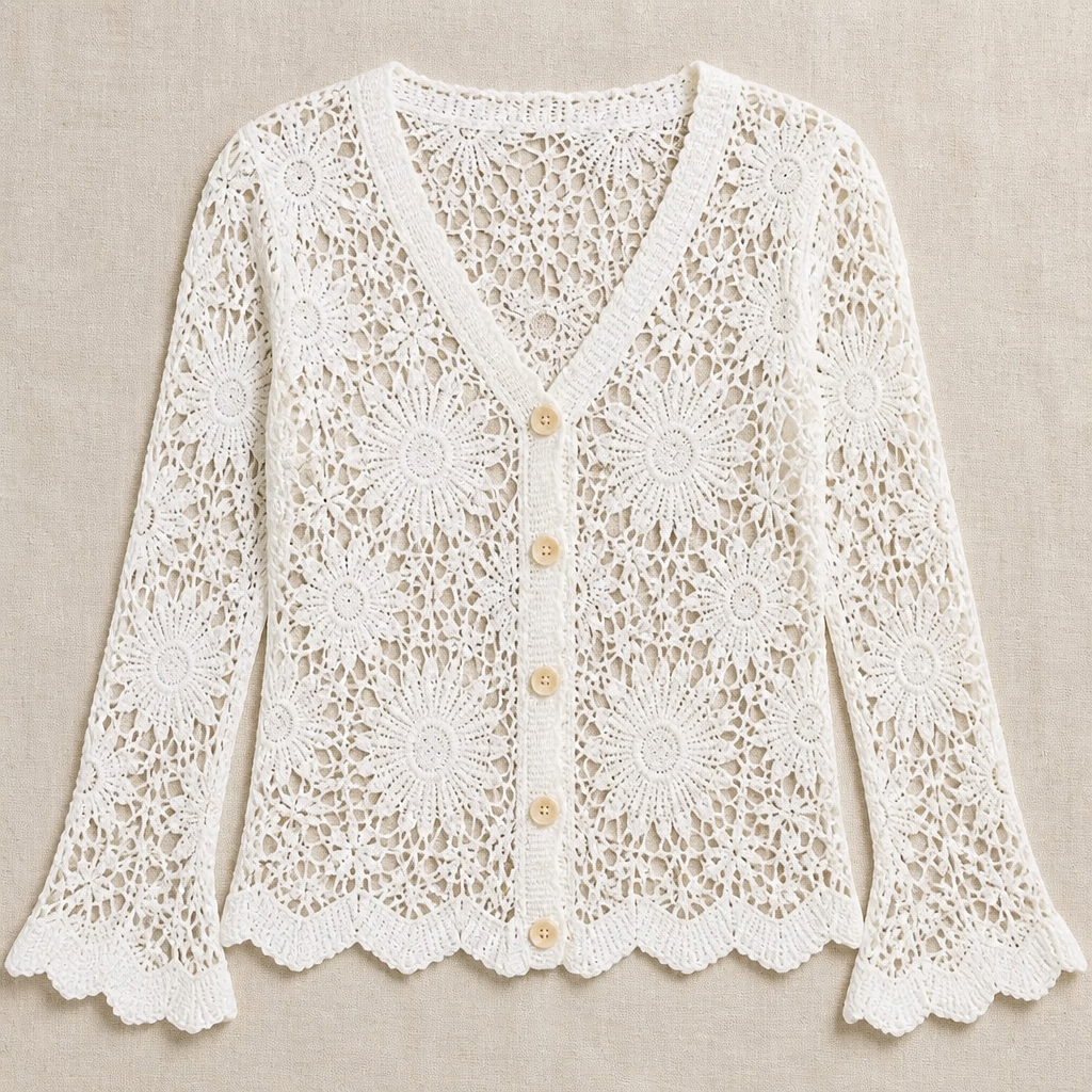 DeloraLace™ – Romantic Crochet Lace Button-Front Top with Scalloped Hem