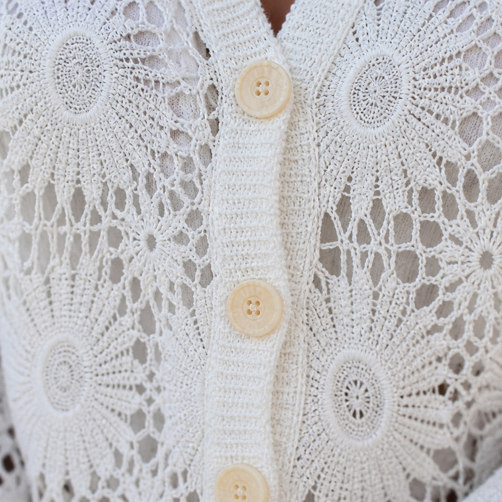 DeloraLace™ – Romantic Crochet Lace Button-Front Top with Scalloped Hem