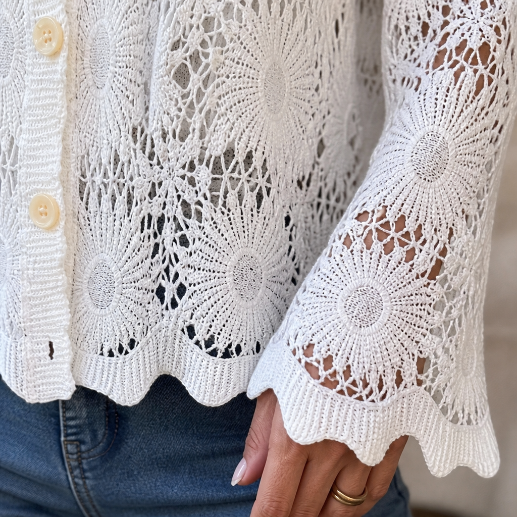 DeloraLace™ – Romantic Crochet Lace Button-Front Top with Scalloped Hem