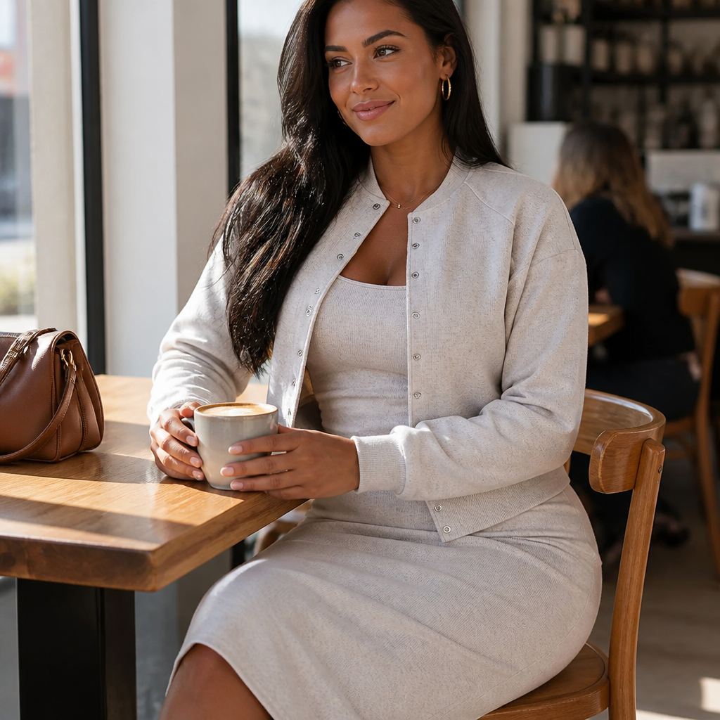 LunaCurve™ – Soft Knit Bodycon Midi Dress with Matching Cropped Jacket