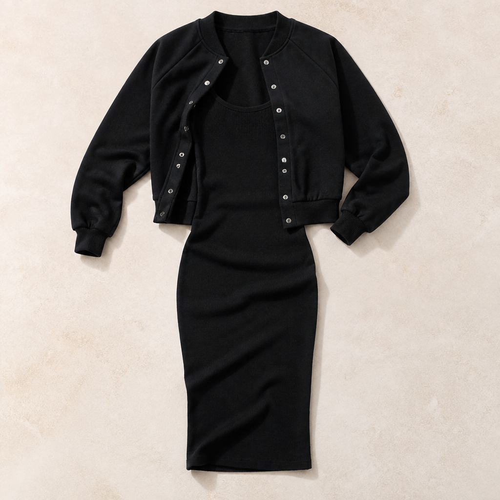LunaCurve™ – Soft Knit Bodycon Midi Dress with Matching Cropped Jacket